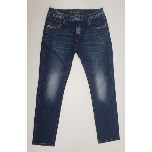 Blue Monkey Jeans Mens Size 34 x 32 Distressed Exc. Used Cond Dark Wash Whiskers - Picture 1 of 10